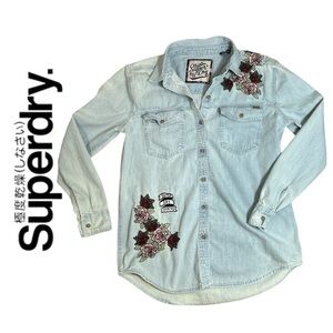 Superdry Real 54 Floral Embroidered Button Down Denim Shirt - Size US 6